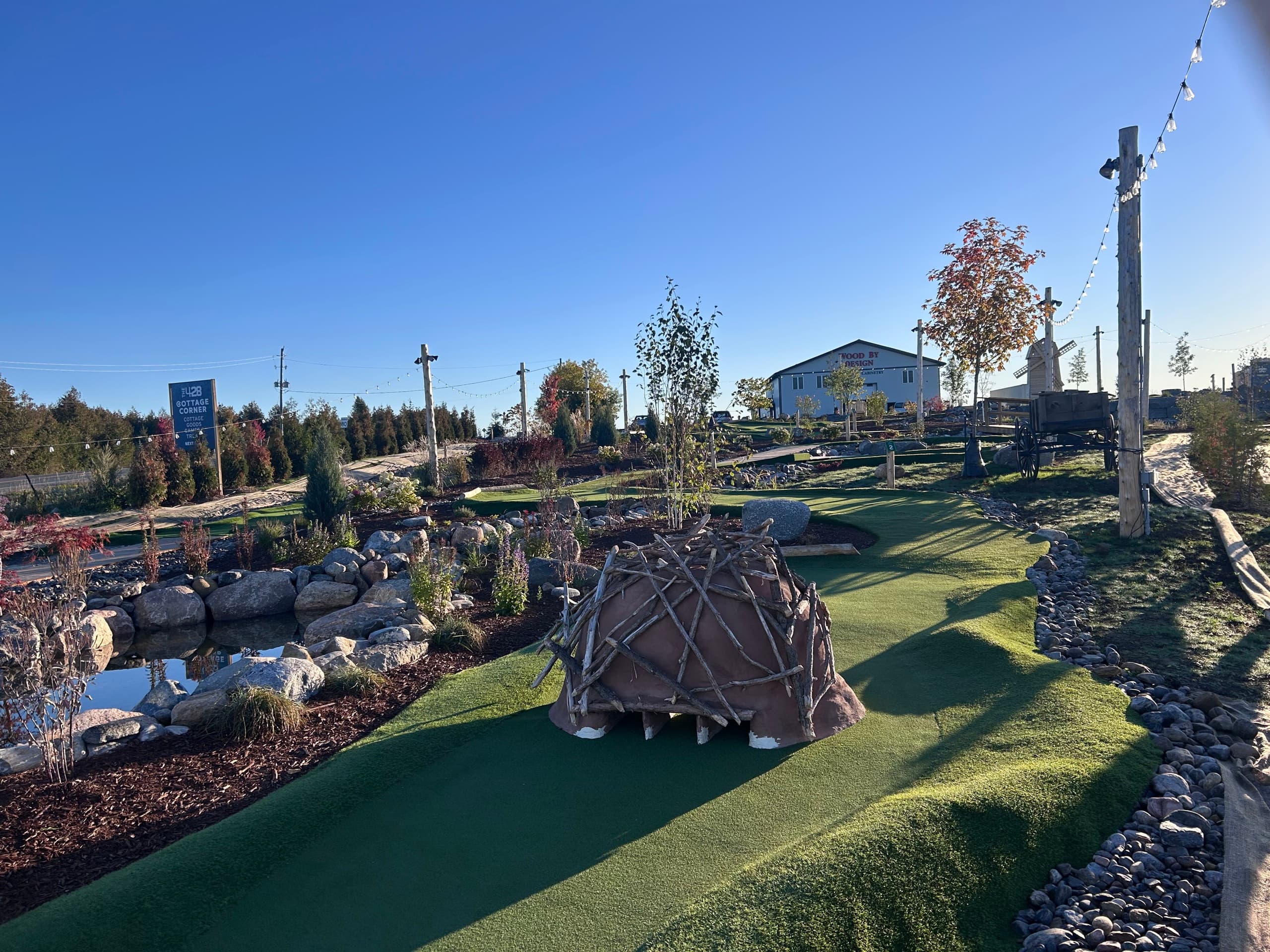 The beaver lodge on hole 1, beside the pond