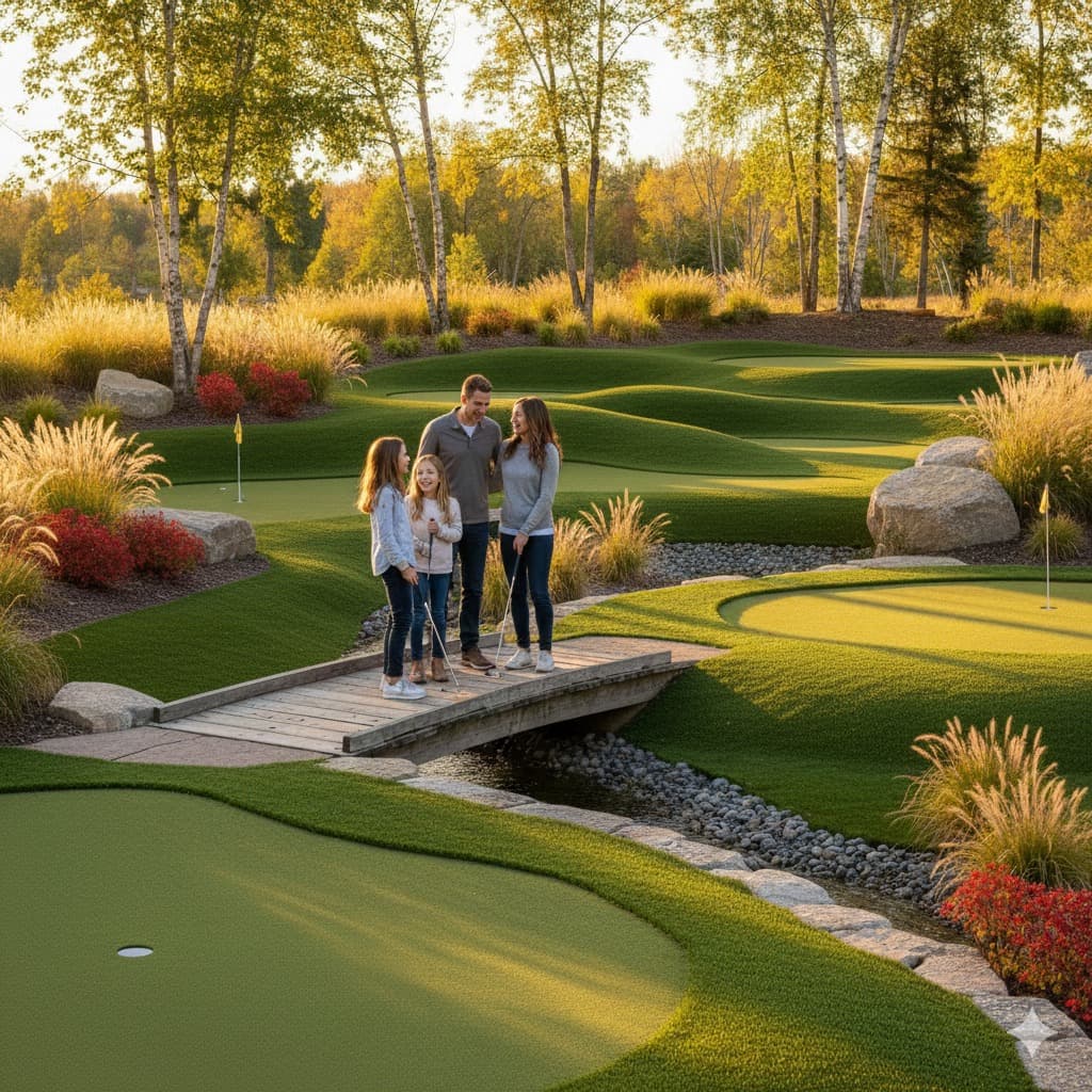 Family standing on a bridge in a landscaped mini golf course